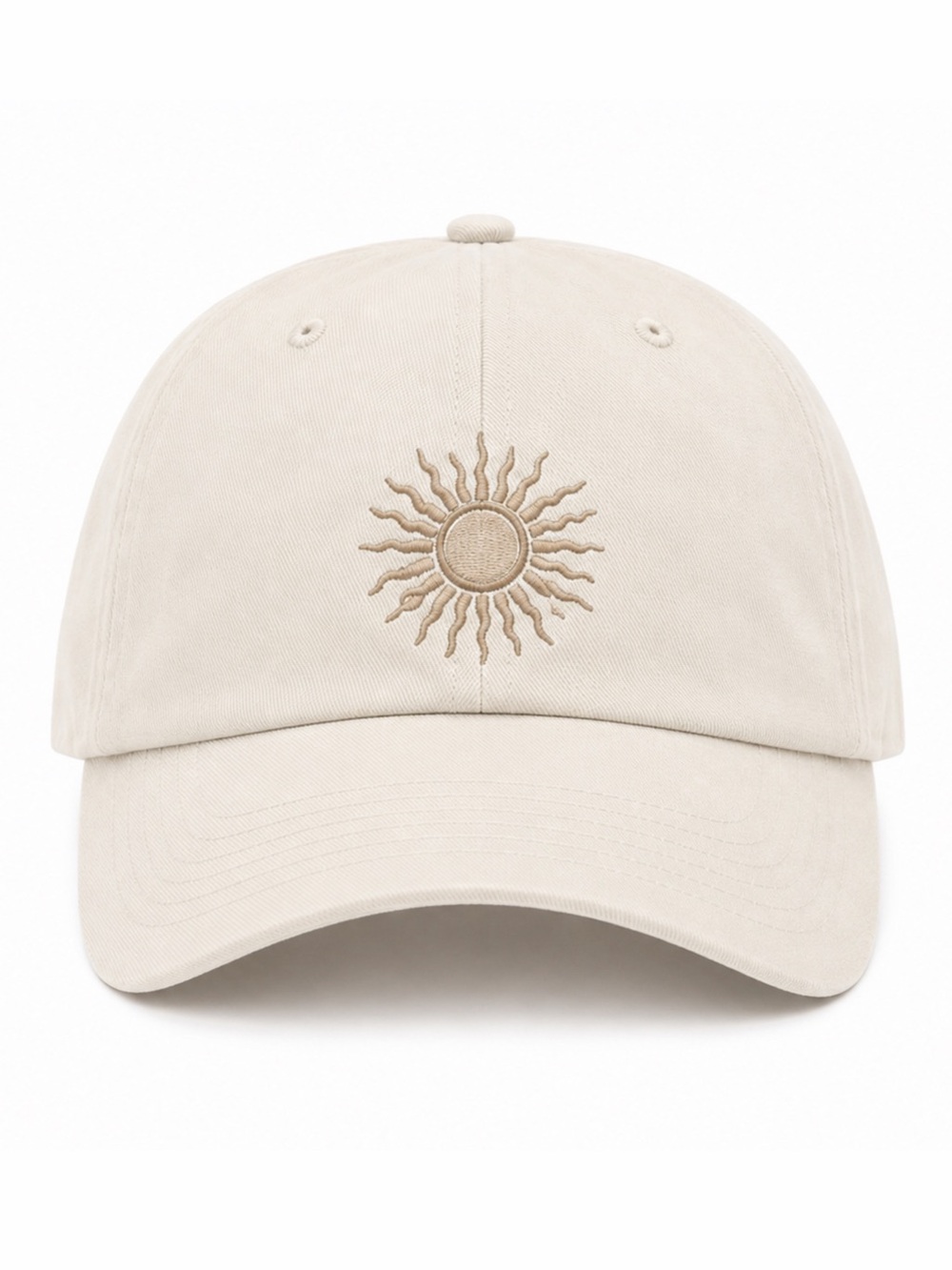 🌞 Sun Embroidered Beige Baseball Cap Neutral Adjustable Velcro Strap Summer Hat